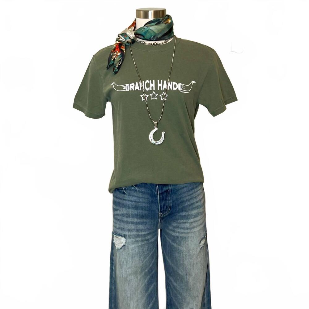 NEW LEMON LORRAINE'S women's ranch hand graphic short sleeve tee in faded olive